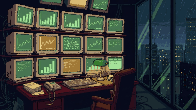Pixel art of a 1990s media buying room at night, a wall of screens showing rising charts above an empty desk.