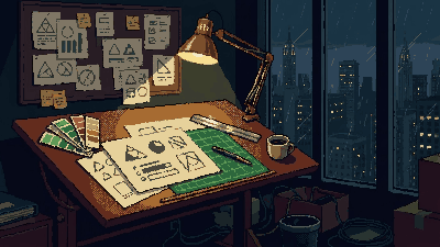 Pixel art of a designer's drafting table at night under a brass lamp, with colour swatches and shape sketches.
