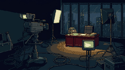 Pixel art of a small studio at night: a broadcast camera and softbox lights aimed at an empty desk set in front of the rainy city.