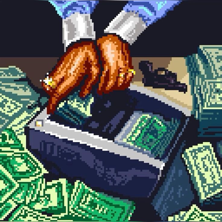 Two hands with gold rings feed bills into a cash counter, money piled all around.