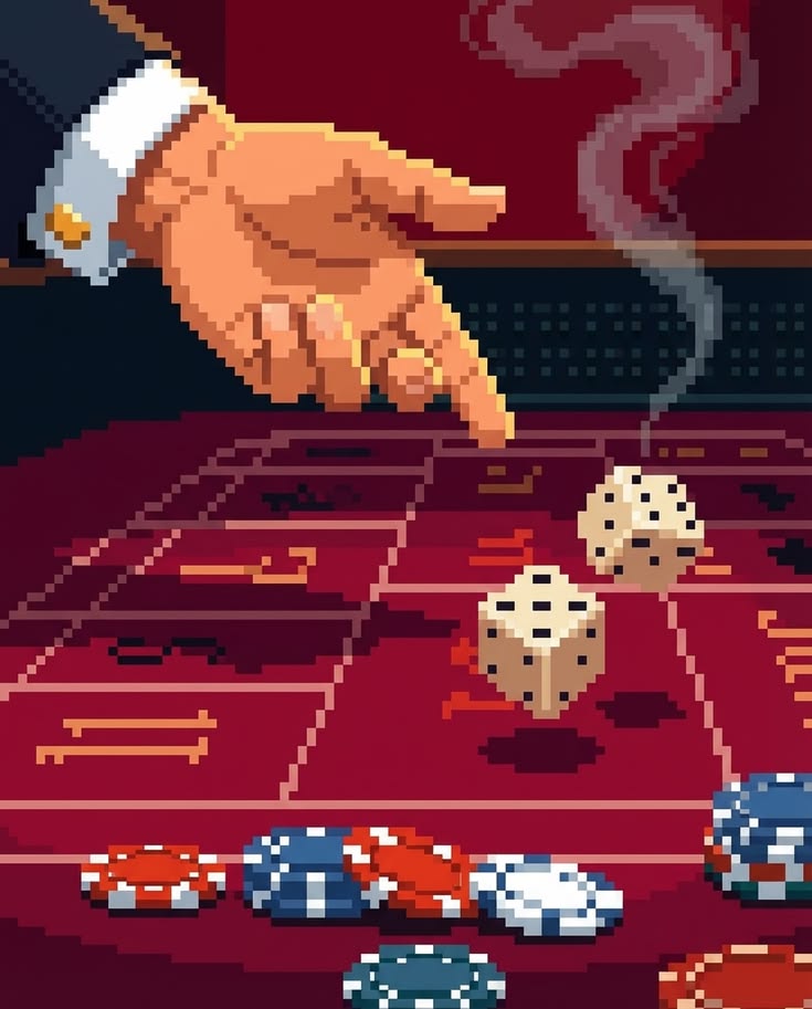A hand in a suit cuff tosses two dice across a red craps table, chips in the foreground.