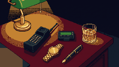 A brick phone, a pager, a gold watch, a fountain pen and a glass of whiskey under a green desk lamp.